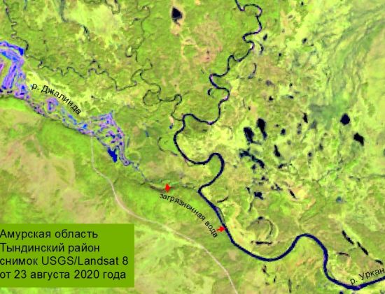 Спутниковый снимок загрязненного участка реки Джалинда