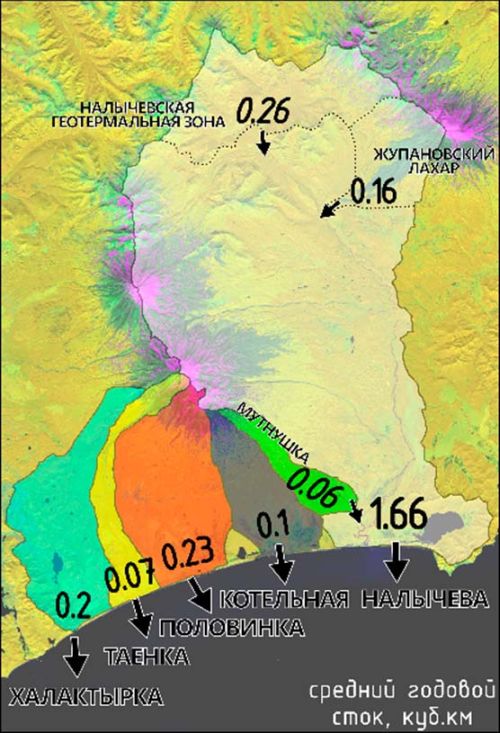 Схема притоков и годовой сток в Авачинский залив. Разными цветами показаны разные водосборы рек-притоков