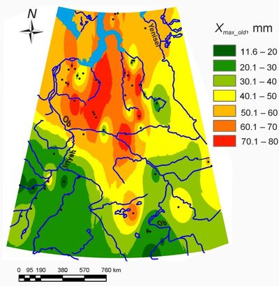 Рис. 1. Карта максимального суточного слоя стока палеорек Западной Сибири
