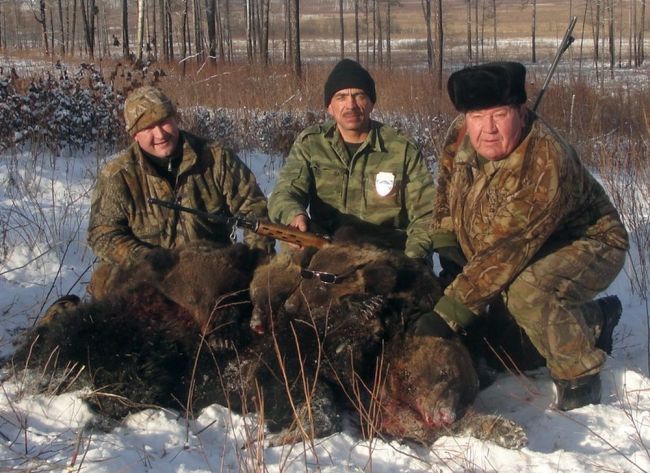 На снимке справа-налево: начальник управления по охране, контролю и регулированию использования объектов животного мира и среды их обитания в Амурской области - главный защитник живой природы в губернии Иван Ряжских, личный его водитель Виталий Тишковский; зять его, судебный пристав Вадим Афанасьев. Внизу - медведица и три ее медвежонка 8-9 месяцев от роду, труп одного медвежонка «украшен» очками Ряжского. Дата съемки - 3 января 2010 года, место - Мазановский район Амурской области, между прочим, территория заказника. Нажмите, чтобы УВЕЛИЧИТЬ (нажмите, чтобы увеличить)