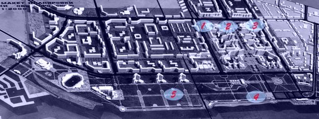 На макете представлены проектные решения застройки Общественного центра. Некоторые объекты: 1- драмтеатр, 2 – главная городская площадь, 3 – административное здание, 4 – памятник первостроителям, 5 – Приамурский парк.