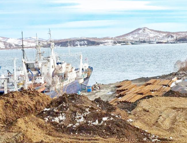 Резко контрастируют с забором и окружающей весенней серостью и грязью пограничные корабли