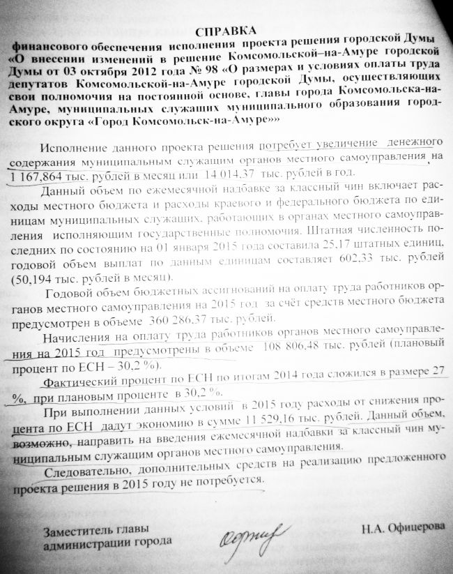 Справка финансового обеспечения исполнения проекта решения городской думы