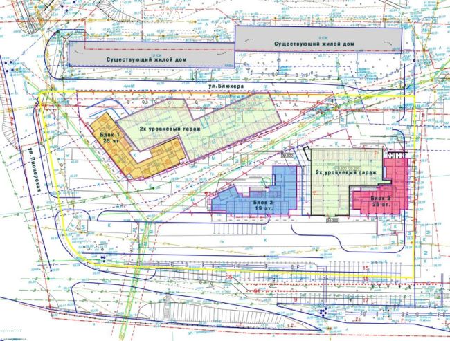 Под застройку «Фонду жилищного строительства» передана вся территория бывшего ГМК, на расстоянии 20 метров от дома 8-а по ул. Блюхера в Хабаровске. Схема застройки (нажмите, чтобы увеличить)