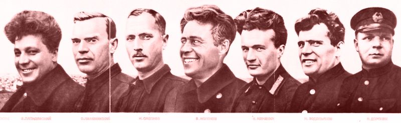 Летчики-Герои: А. Ляпидевский, С. Леваневский, М. Слепнев, В. Молоков, Н. Каманин, М. Водопьянов, И. Доронин