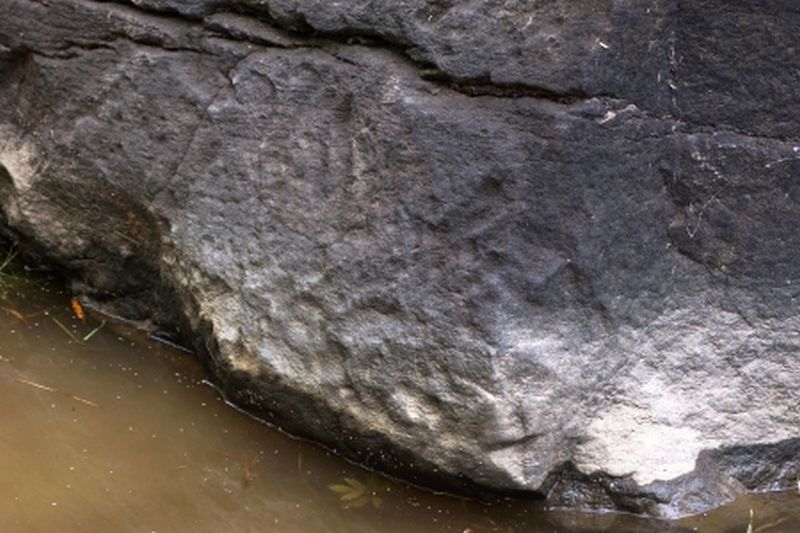 Это антропоморфная личина овальной формы с ореолом (вертикальными лучами-отростками) вокруг внешнего контура. Изображение сильно затерто и почти неразличимо в результате многовекового воздействия воды, льда и песка