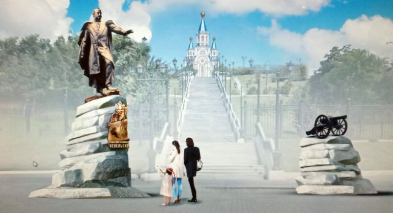 Макет памятника адмиралу Невельскому с привязкой к местности - набережной Амура и лестнице.