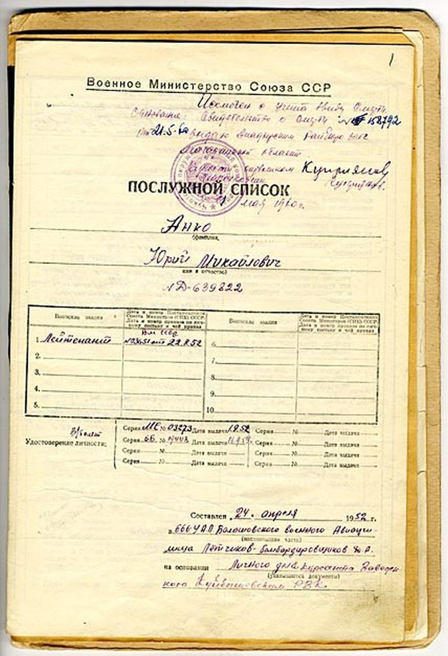 Личное дело лейтенанта Анко Юрия Михайловича. 1952-1960 гг. Фото: Из Фонда МЦ «Наследие Чукотки».