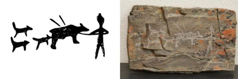 Охота на бурого медведя с собаками. Рисунок на склоне утёса, где обнаружено 37 групп наскальных изображений  («Камень IV»).