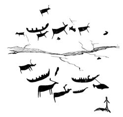 Охота на плывущих оленей, охота на кита. Рисунки на скале, названной археологами «Камень II» (эстампаж).