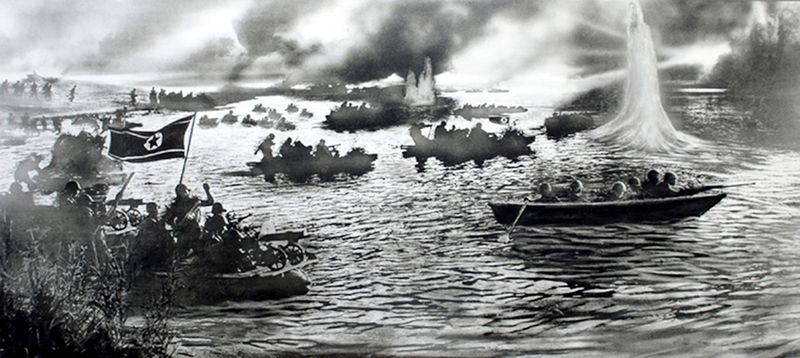 Бойцы Народной Армии ведут бой с форсированием реки Рактон.