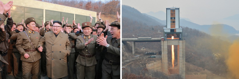 Уважаемый товарищ Ким Чен Ын руководит наземным испытанием сопла нового сверхмощного реактивного двигателя нашего образца, разработанного в Академии национальной обороны. Март 2017 года.