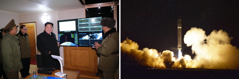 Уважаемый товарищ Ким Чен Ын наблюдает на месте весь процесс испытательного запуска МБР «Хвасонпхо-15». Ноябрь 2017 года.
