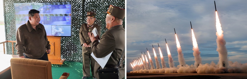 Уважаемый товарищ Ким Чен Ын руководит демонстративной стрельбой подразделениями КНА из сверхкрупного 600-милиметрового реактивного орудия. Май 2024 года.