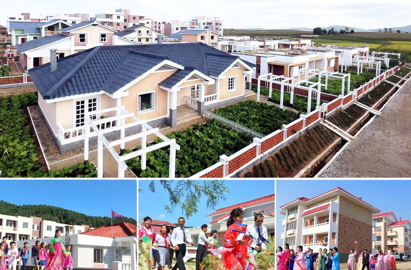 Жилые дома, построенные по плану партии о строительстве деревни, и сельские труженики, справляющие новоселье.