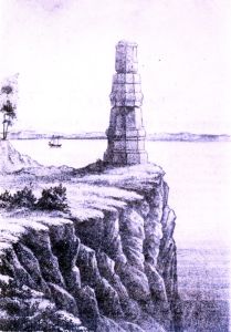 Каменная колонна на Тырском утесе на Амуре. рис. Г.М. Пермикина. 1858 г. (нажмите, чтобы увеличить)