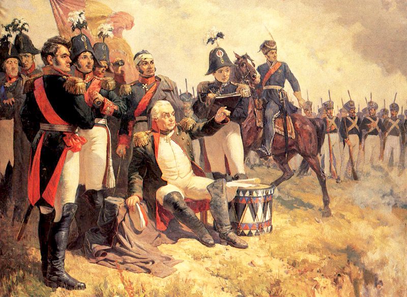 Бородинское сражение (во французской истории — битва при Москве-реке, фр. Bataille de la Moskova) 26 августа (7 сентября) 1812 года у села Бородино, в 125 км на запад от Москвы. Крупнейшее сражение Отечественной войны 1812 года между русской армией под командованием генерала М. И. Кутузова (на рис.) и французской армией Наполеона I Бонапарта 