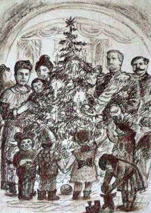 С.М. и В.Ф. Духовские на детской елке в Хабаровске. Рис. Байдака Д.Н.